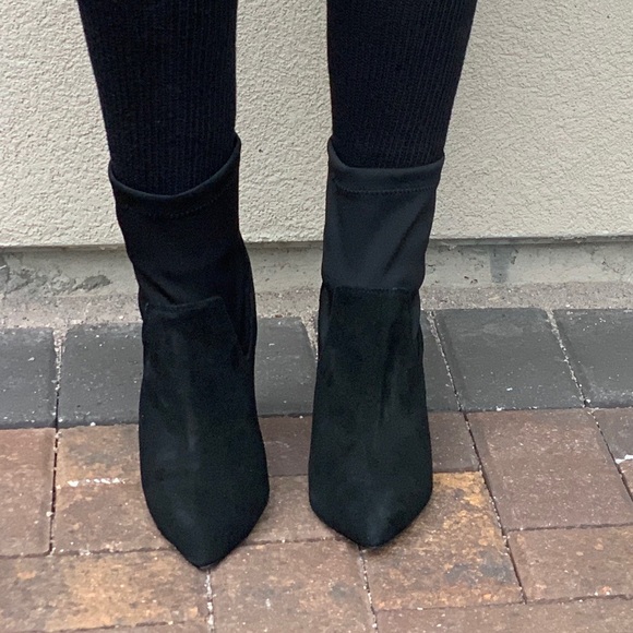 Black Genuine Suede Bold Heel Sock Ankle Booties - Picture 8 of 8